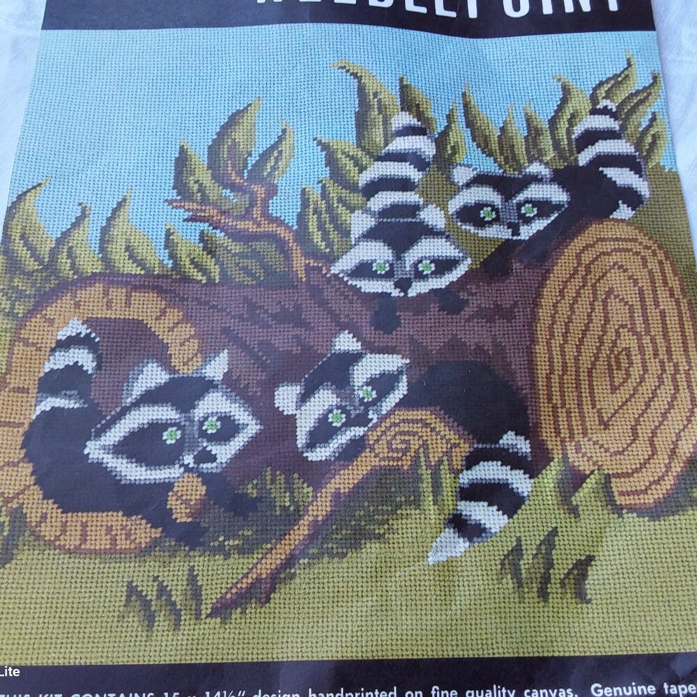 Vintage Elsa Williams needlepoint kit cute racoons on log printed canvas yarn